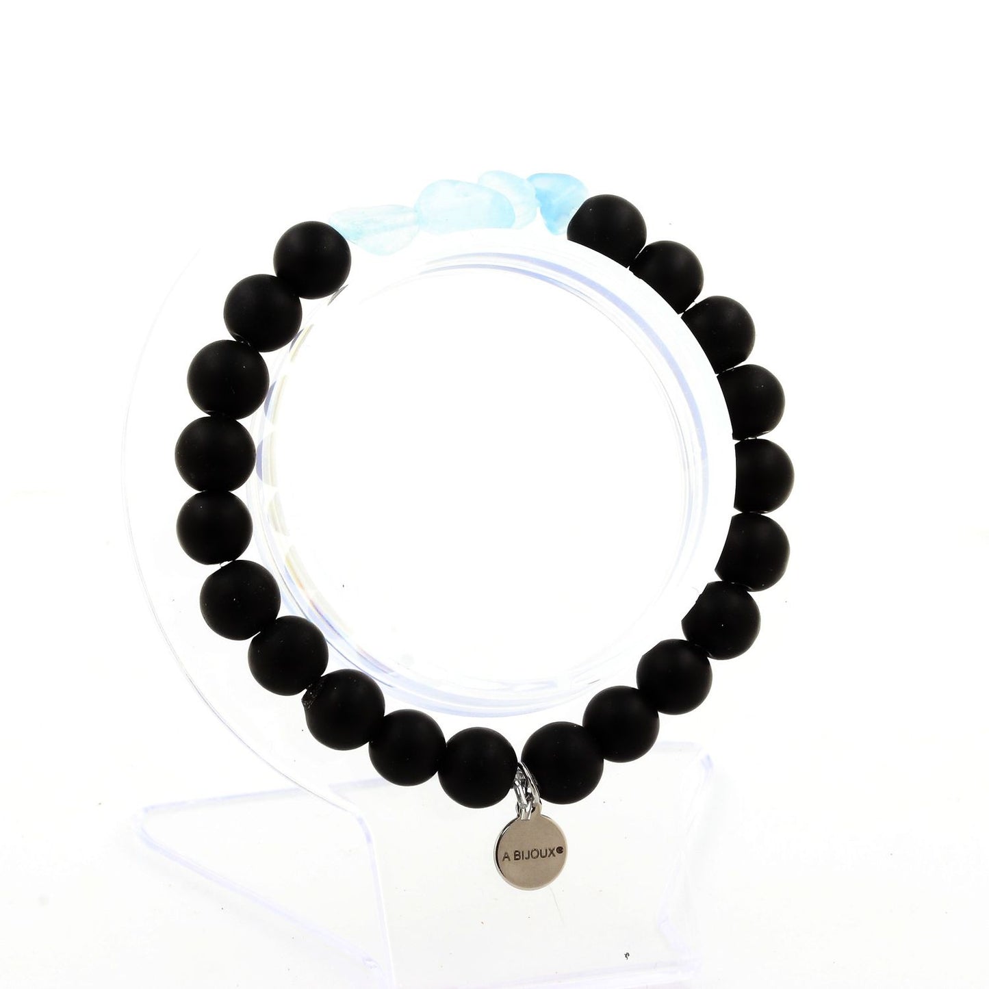Aigue-Marine du Brésil + Perles Onyx noir mat. Bracelet en Perles naturelles