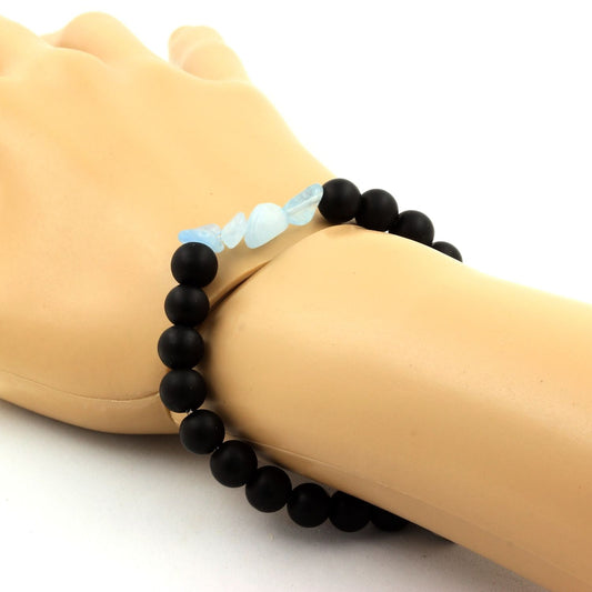 Aigue-Marine du Brésil + Perles Onyx noir mat. Bracelet en Perles naturelles