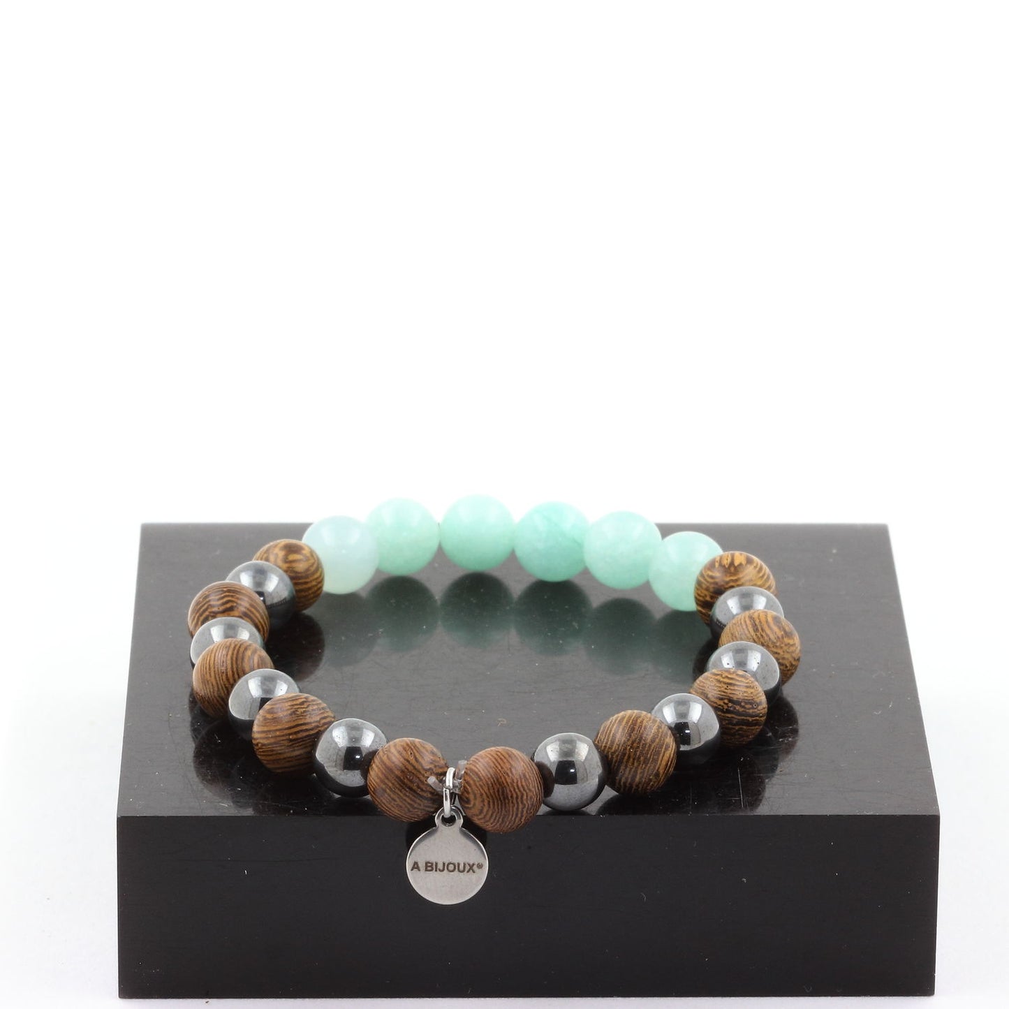 Amazonite + Hématite + bois. Bracelet en Perles naturelles