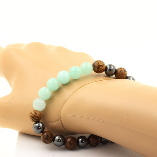 Amazonite + Hématite + bois. Bracelet en Perles naturelles