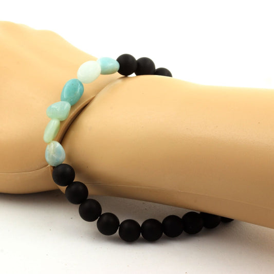 Amazonite du Brésil + Perles Onyx noir mat. Bracelet Perles