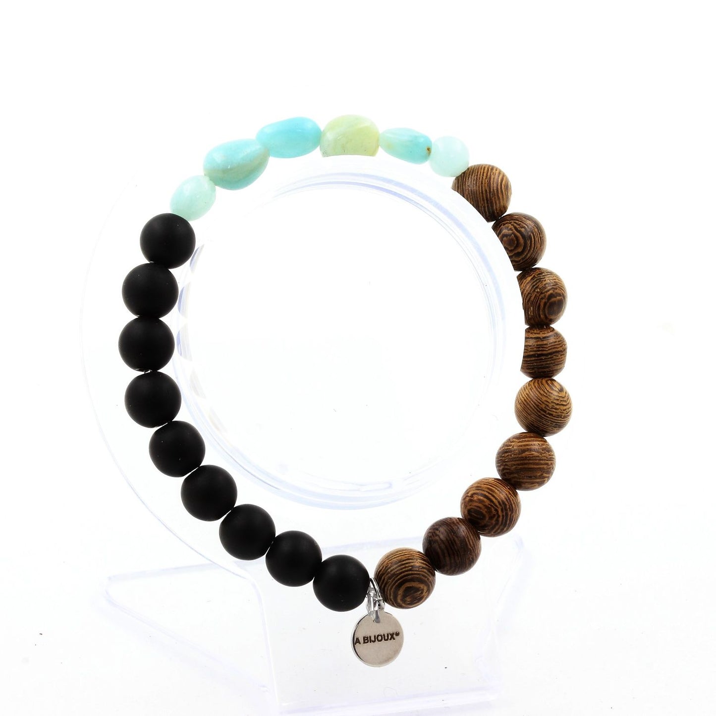 Amazonite du Brésil + Perles Onyx noir mat + bois. Bracelet en Perles naturelles