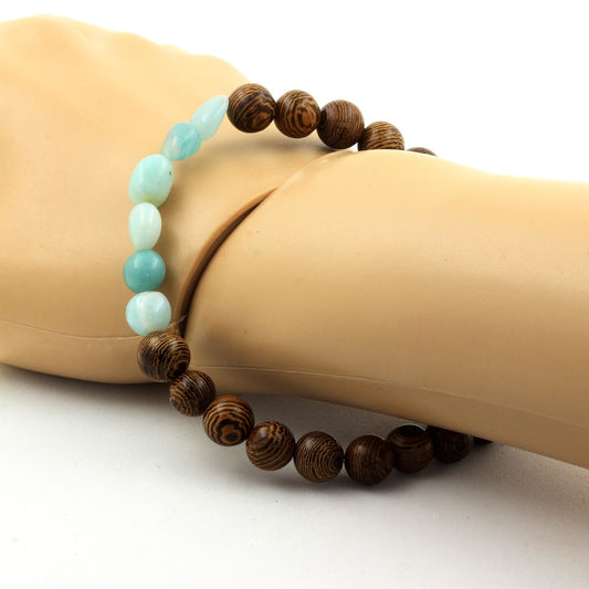 Amazonite du Brésil + Perles bois. Bracelet Perles