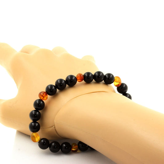 Ambre véritable de la mer Baltique + Agate noire. Bracelet Perles naturelles