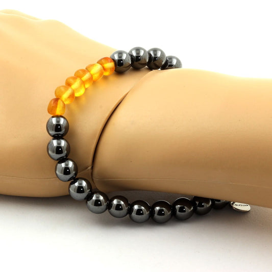 Ambre véritable de la mer Baltique + Hématite. Bracelet Perles naturelles