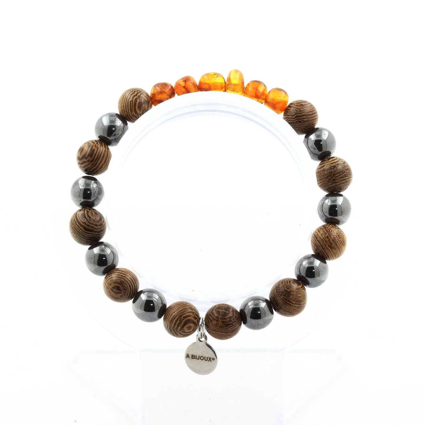 Ambre véritable de la mer Baltique + Hématite + bois. Bracelet en Perles naturelles