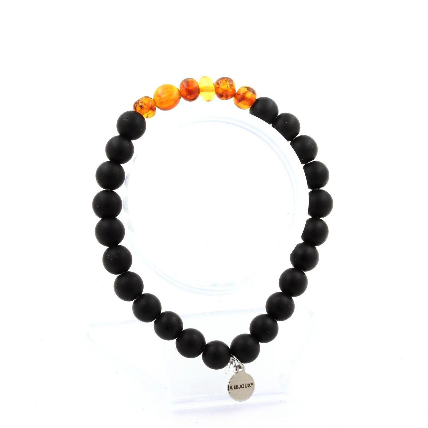 Ambre véritable de la mer Baltique + Onyx noir mat. Bracelet Perles naturelles