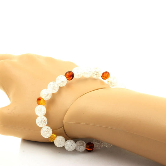 Ambre véritable de la mer Baltique + Quartz craquelé du Brésil. Bracelet Perles naturelles