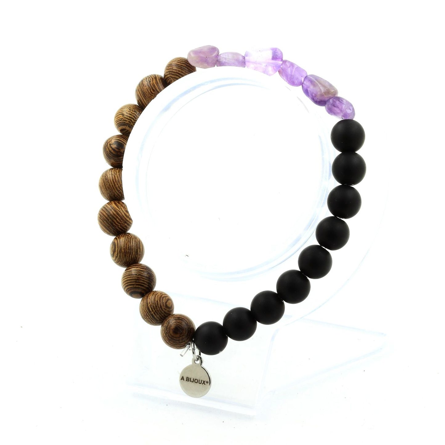 Améthyste du Brésil + Perles Onyx noir mat + bois. Bracelet en Perles naturelles