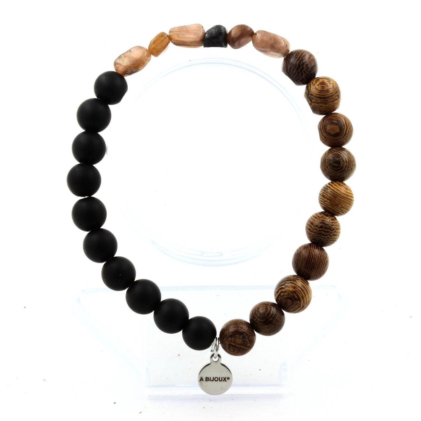 Andalousite des USA + Perles Onyx noir mat + bois. Bracelet en Perles naturelles