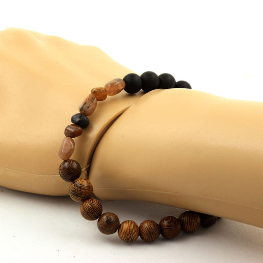 Andalousite des USA + Perles Onyx noir mat + bois. Bracelet en Perles naturelles