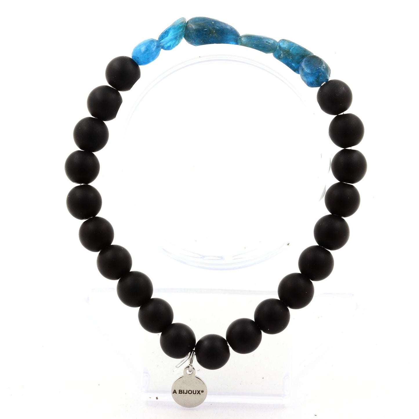 Apatite bleu du Brésil + Perles Onyx noir mat. Bracelet Perles