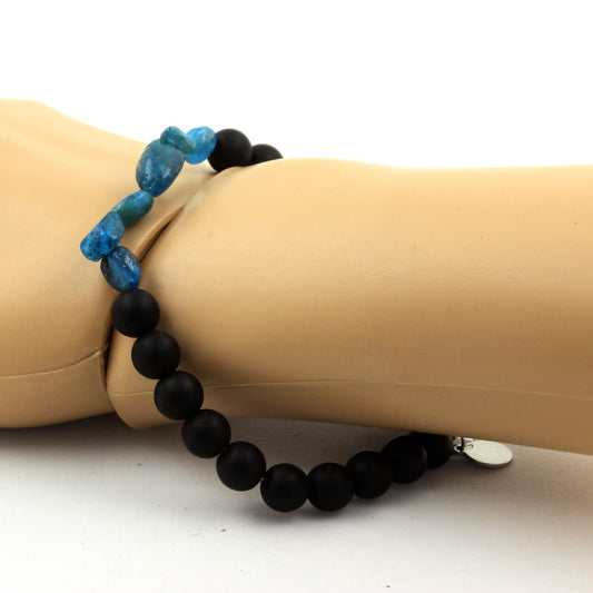 Apatite bleu du Brésil + Perles Onyx noir mat. Bracelet Perles