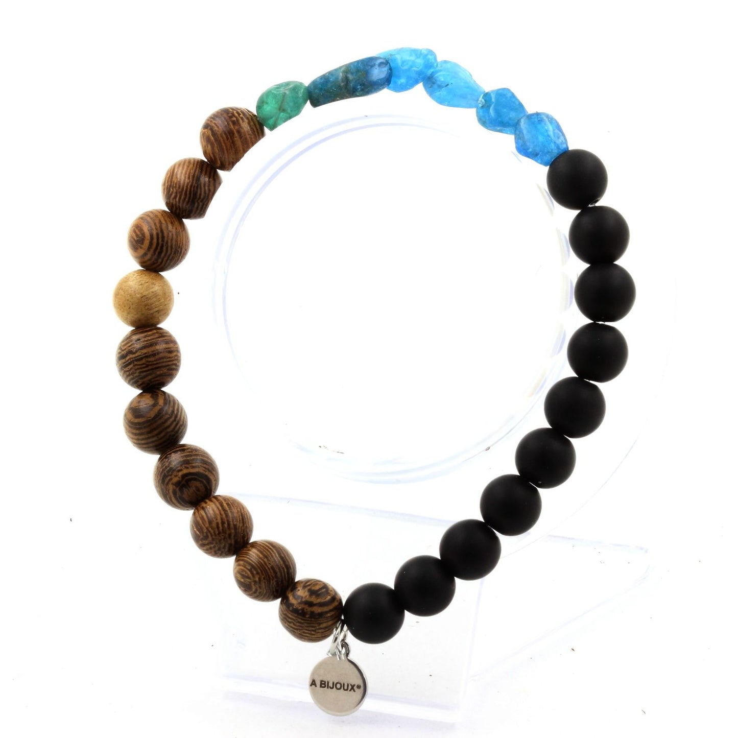 Apatite bleu du Brésil + Perles Onyx noir mat + bois. Bracelet Perles