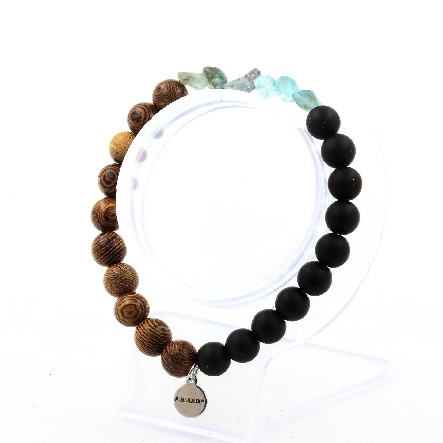 Apatite du Brésil + Perles Onyx noir mat + bois. Bracelet en Perles naturelles