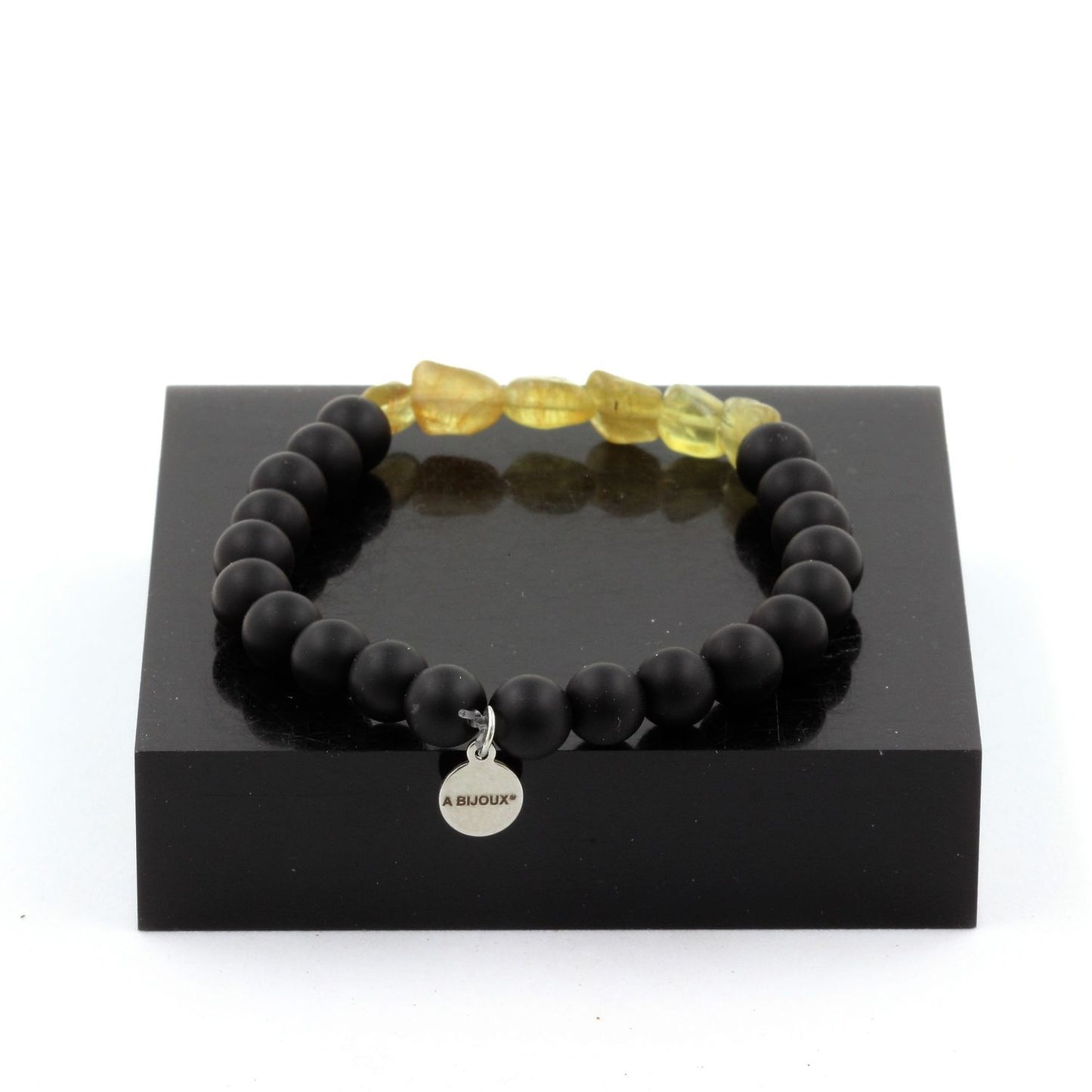 Apatite jaune de Madagascar + Perles Onyx noir mat. Bracelet en Perles naturelles