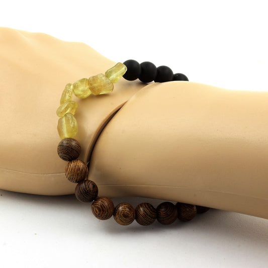 Apatite jaune de Madagascar + Perles Onyx noir mat + bois. Bracelet Perles