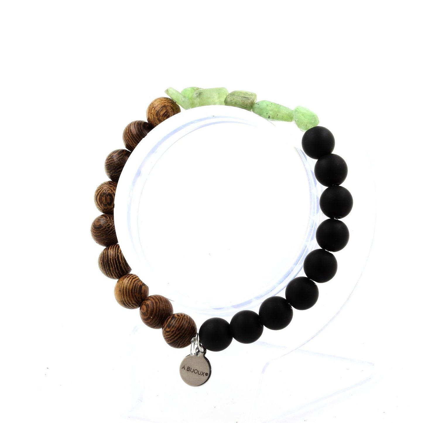 Apatite verte de Madagascar + Perles Onyx noir mat + bois. Bracelet en Perles naturelles