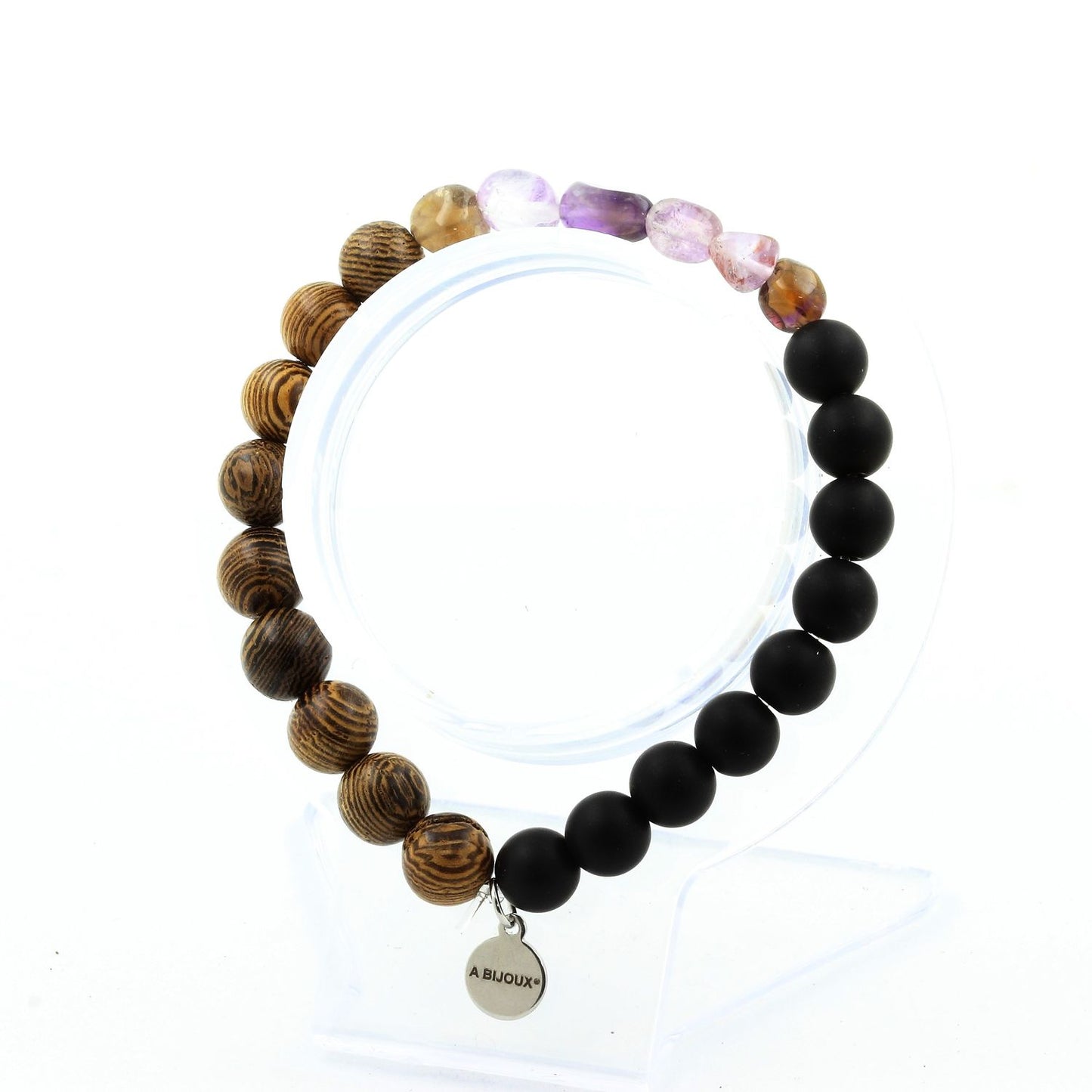 Auralite du Canada + Perles Onyx noir mat + bois. Bracelet en Perles naturelles