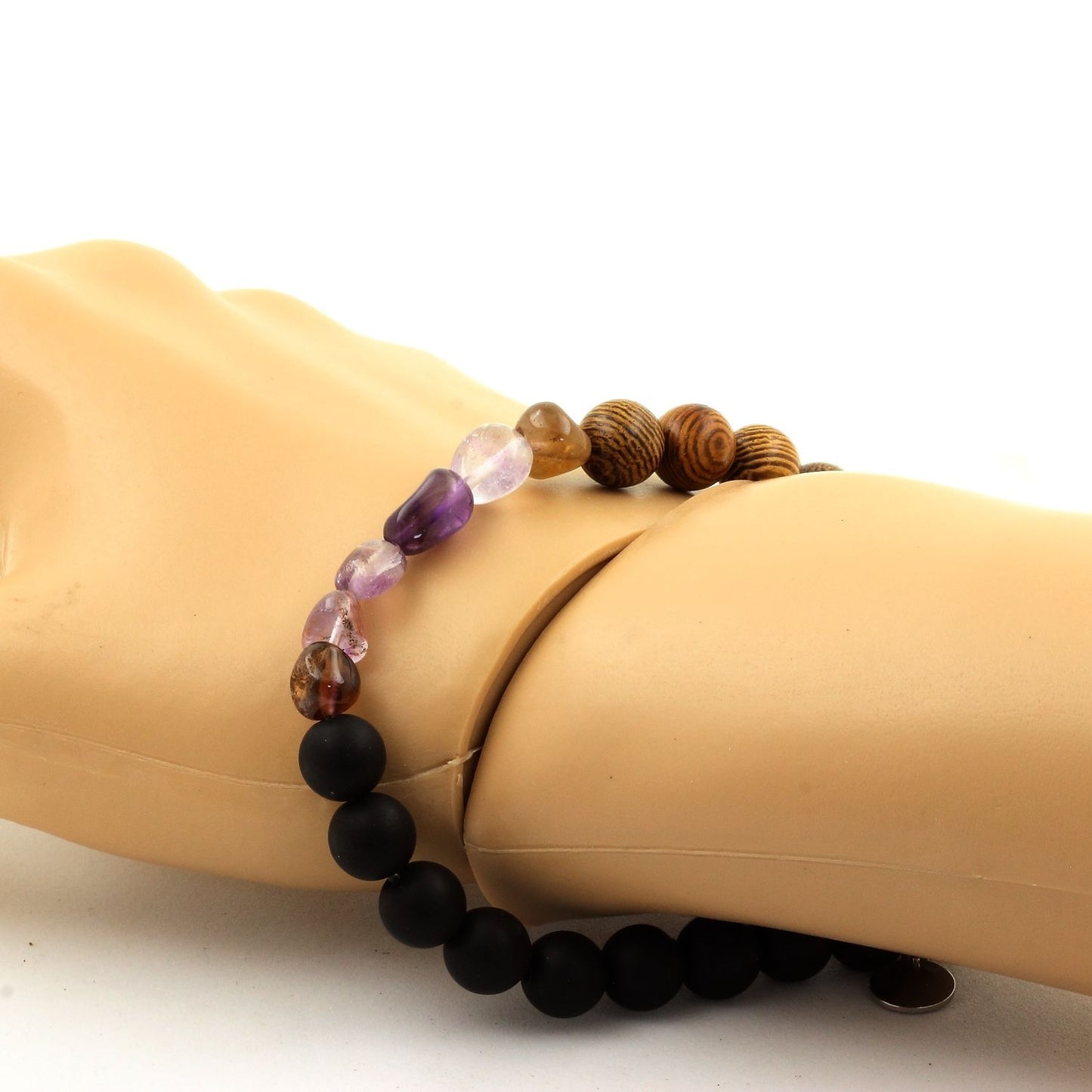 Auralite du Canada + Perles Onyx noir mat + bois. Bracelet en Perles naturelles