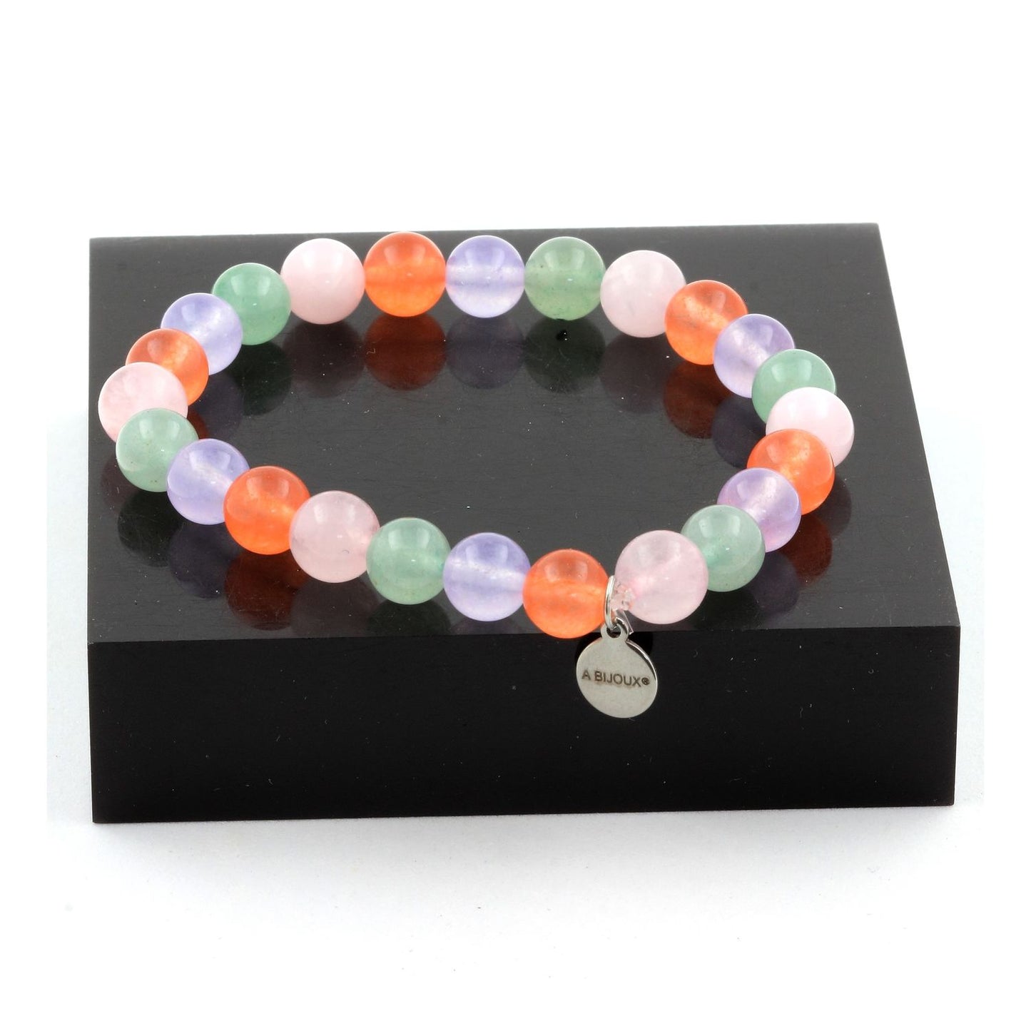 Aventurine + Calcédoine orange + Quartz rose + Calcédoine lavande. Bracelet en Perles naturelles