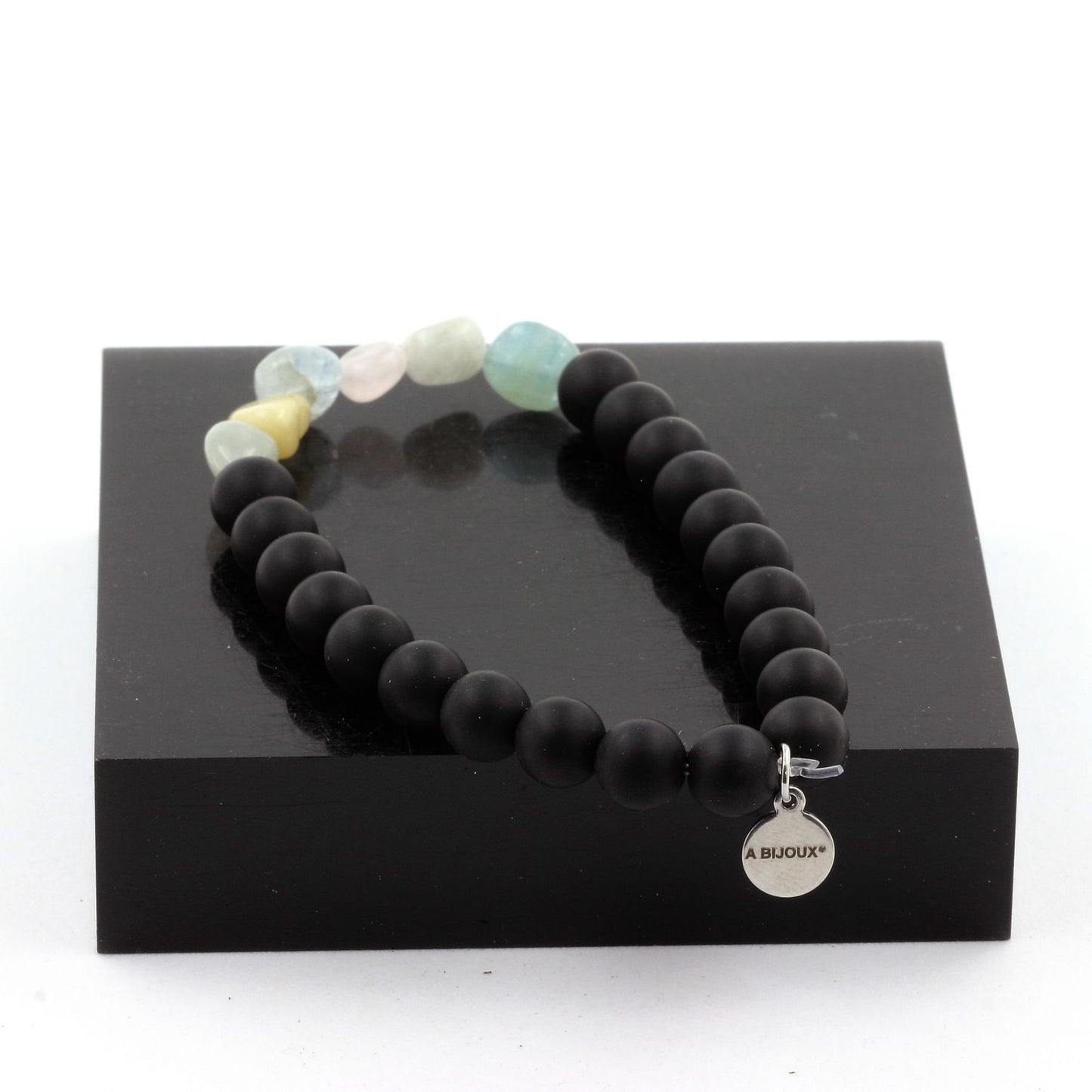 Béryl Morganite du Brésil + Perles Onyx noir mat. Bracelet Perles