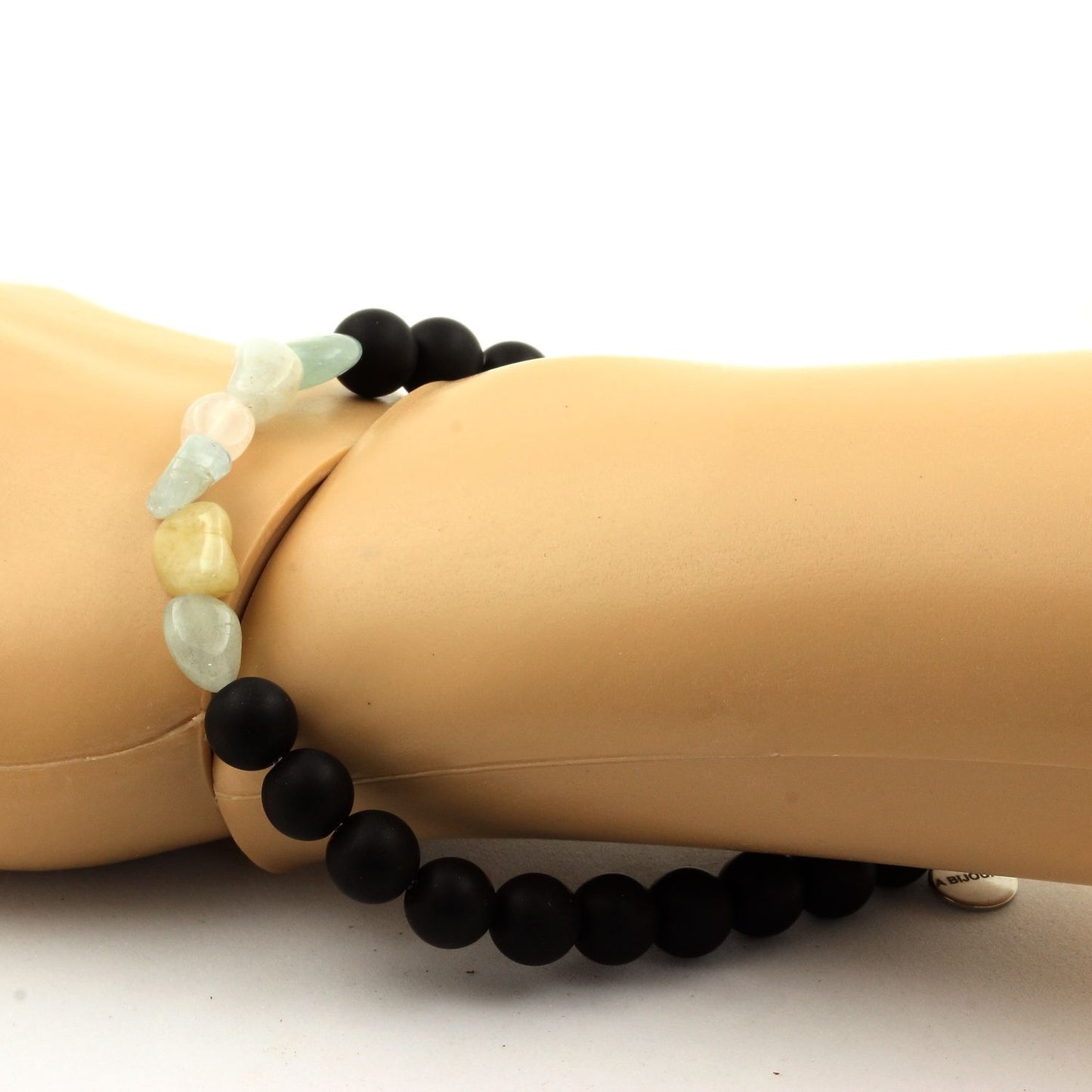 Béryl Morganite du Brésil + Perles Onyx noir mat. Bracelet Perles