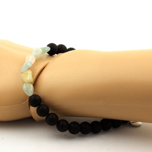 Béryl Morganite du Brésil + Perles Onyx noir mat. Bracelet Perles