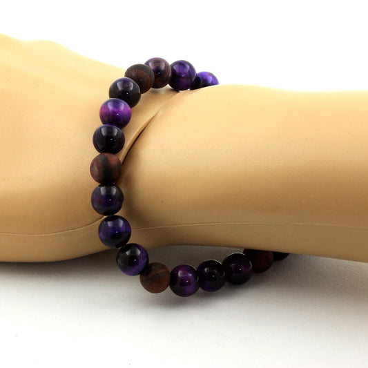 Bracelet Perles Oeil de Tigre violet + Oeil de Tigre rouge mat. Perles naturelles