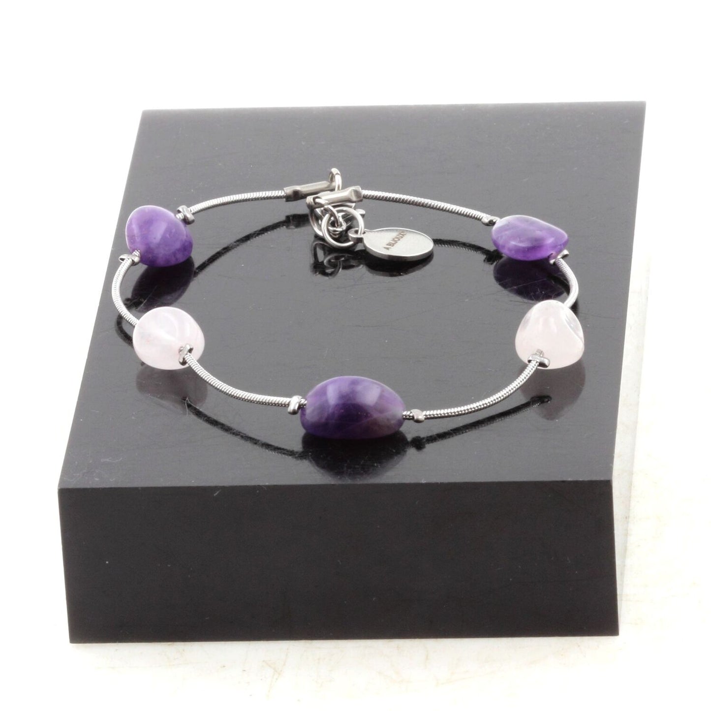 Bracelet en acier inoxydable 5 Perles Quartz rose du Brésil + Améthyste du Brésil de forme libre 5 mm-8 mm