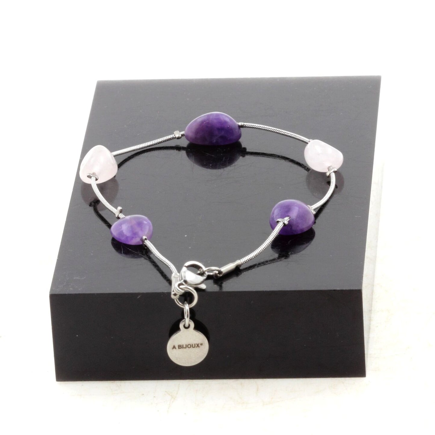 Bracelet en acier inoxydable 5 Perles Quartz rose du Brésil + Améthyste du Brésil de forme libre 5 mm-8 mm