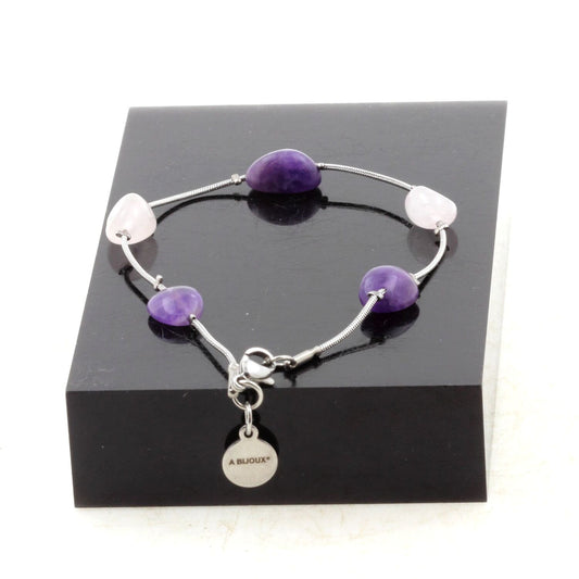 Bracelet en acier inoxydable 5 Perles Quartz rose du Brésil + Améthyste du Brésil de forme libre 5 mm-8 mm