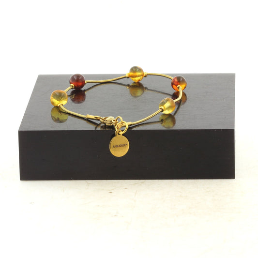 Bracelet en acier doré inoxydable Perles Ambre véritable de la mer Baltique 5 mm-6 mm Améthyste du Brésil de forme libre 5 mm-8 mm