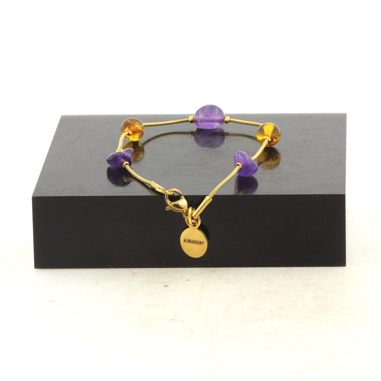Bracelet en acier doré inoxydable 5 Perles Ambre véritable de la mer Baltique 5 mm-6 mm Améthyste du Brésil de forme libre 5 mm-8 mm