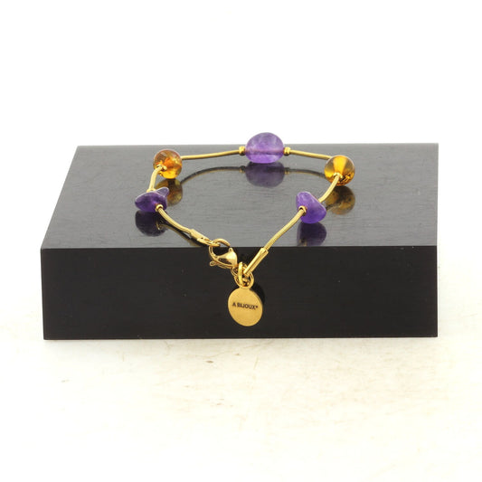 Bracelet en acier doré inoxydable 5 Perles Ambre véritable de la mer Baltique 5 mm-6 mm Améthyste du Brésil de forme libre 5 mm-8 mm