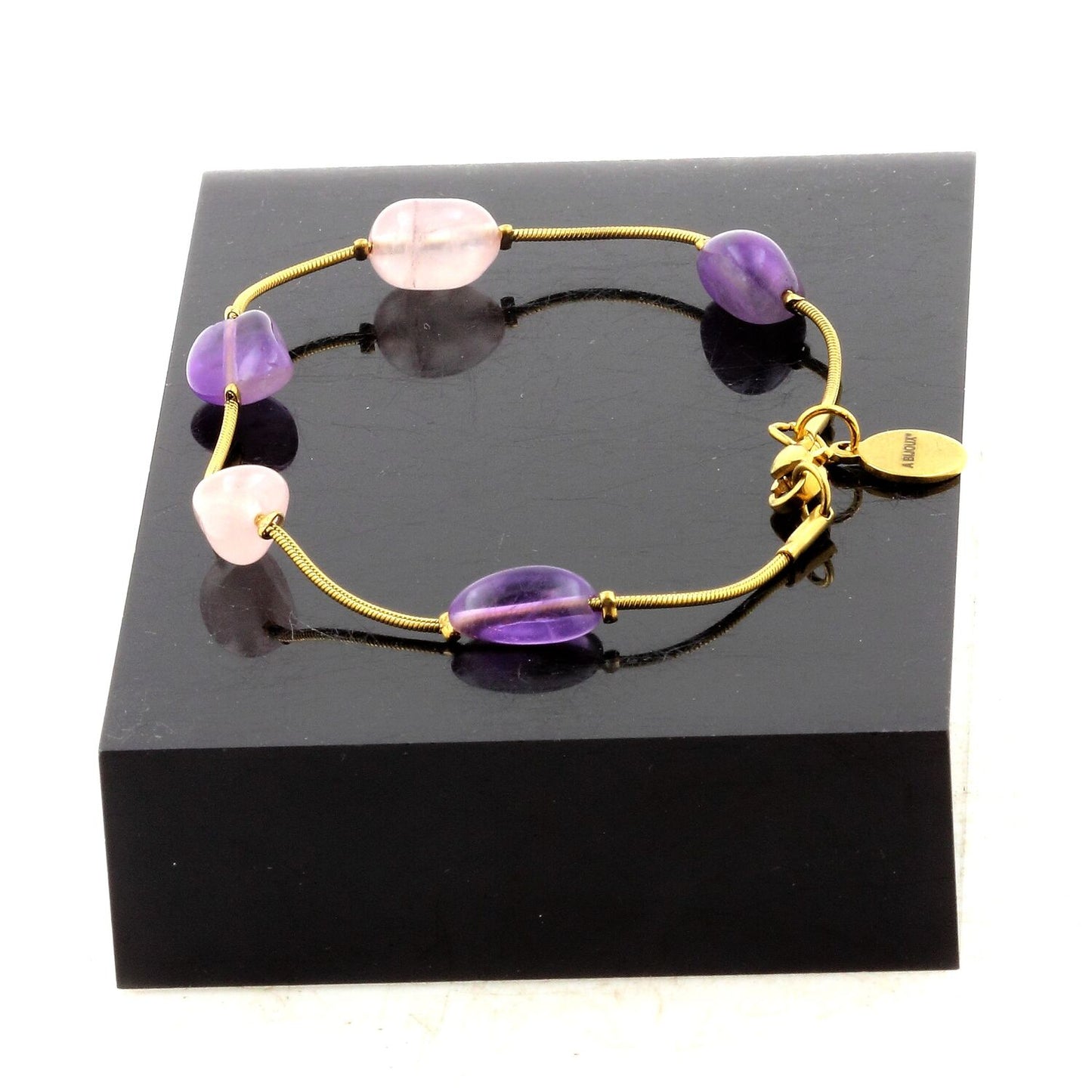 Bracelet en acier doré inoxydable 5 Perles Quartz rose du Brésil + Améthyste du Brésil de forme libre 5 mm-8 mm