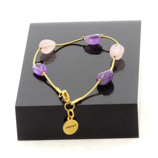 Bracelet en acier doré inoxydable 5 Perles Quartz rose du Brésil + Améthyste du Brésil de forme libre 5 mm-8 mm