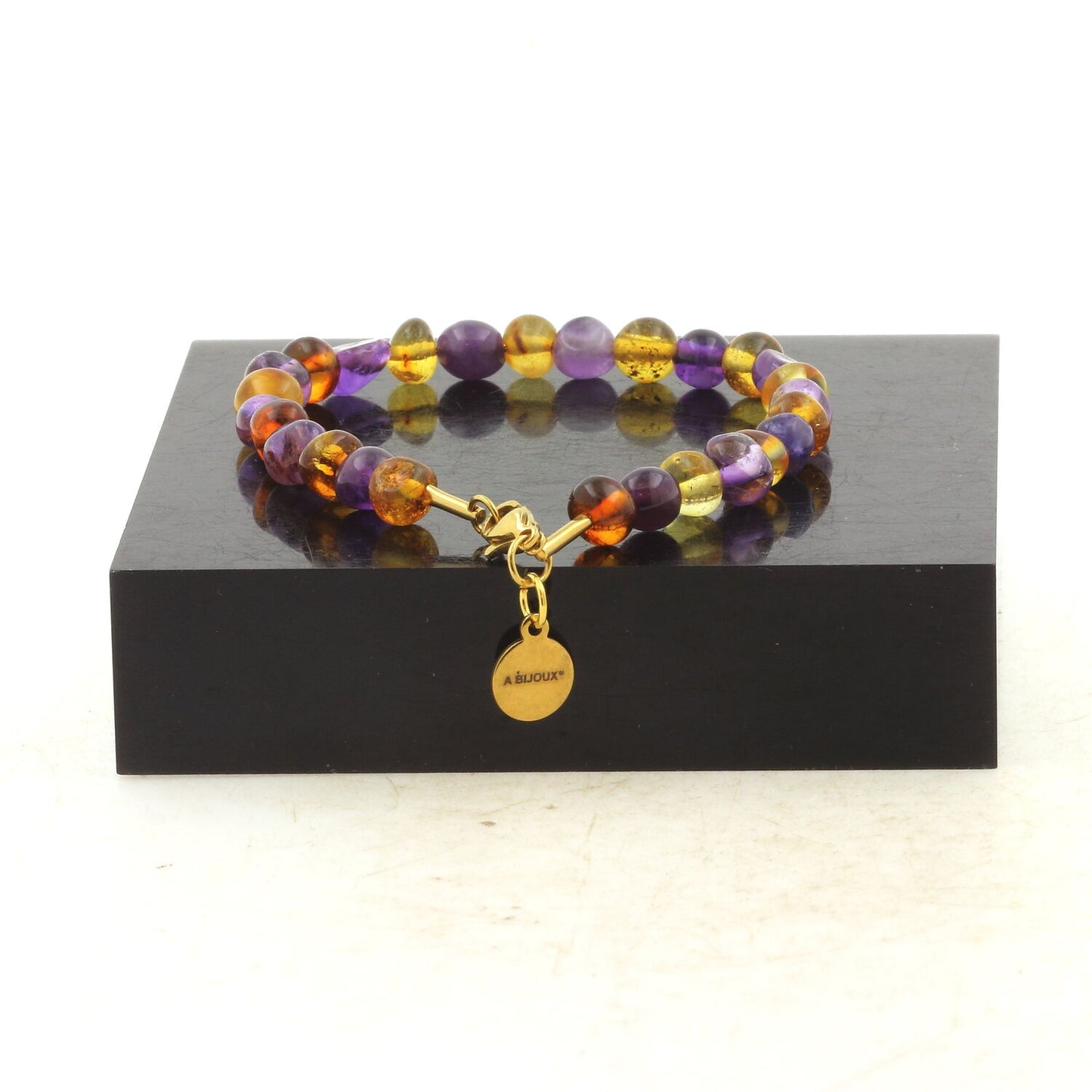 Bracelet en acier doré inoxydable Perles Ambre véritable de la mer Baltique 5 mm-6 mm Améthyste du Brésil de forme libre 5 mm-8 mm
