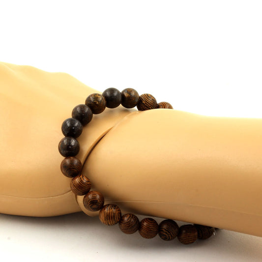 Bronzite + bois. Bracelet en Perles naturelles