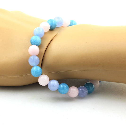 Calcédoine bleu + Aigue-Marine + Quartz rose. Bracelet Perles naturelles