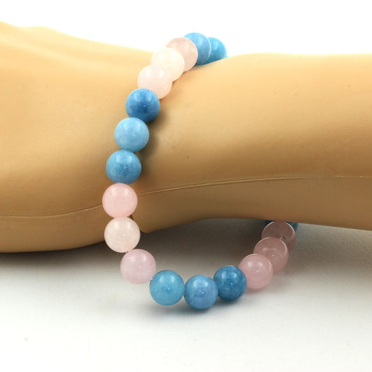 Calcédoine bleu + Quartz rose. Bracelet en Perles naturelles