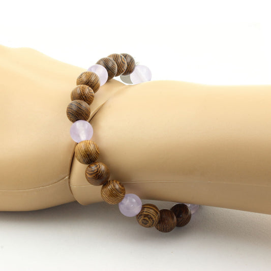 Calcédoine lavande + bois. Bracelet Perles naturelles