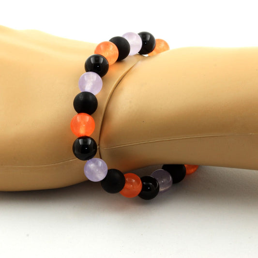 Calcédoine orange + Agate noire + Calcédoine lavande + Onyx noir mat. Bracelet en Perles naturelles