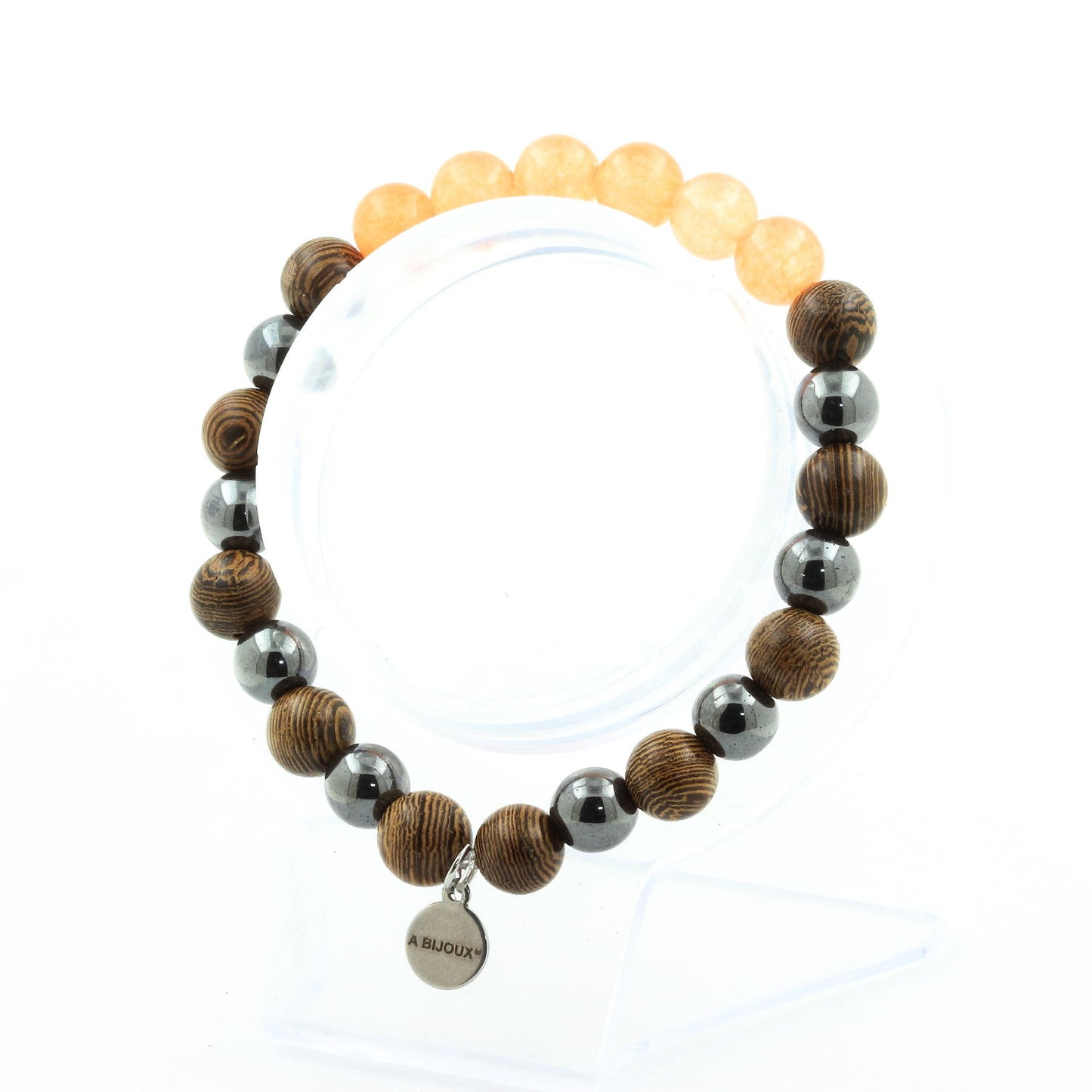 Calcédoine orange + Hématite + bois. Bracelet en Perles naturelles