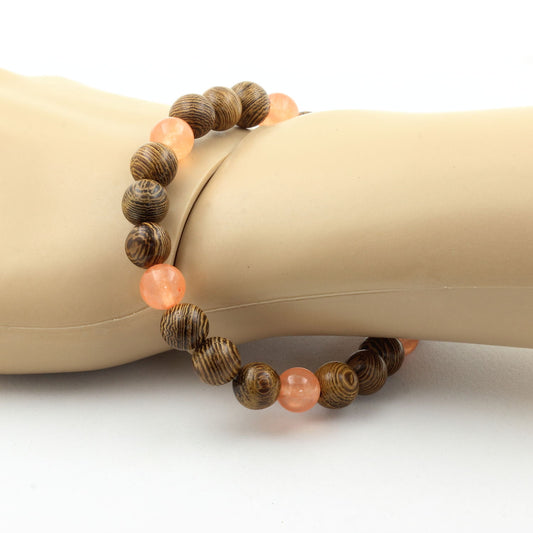 Calcédoine orange + bois. Bracelet Perles naturelles