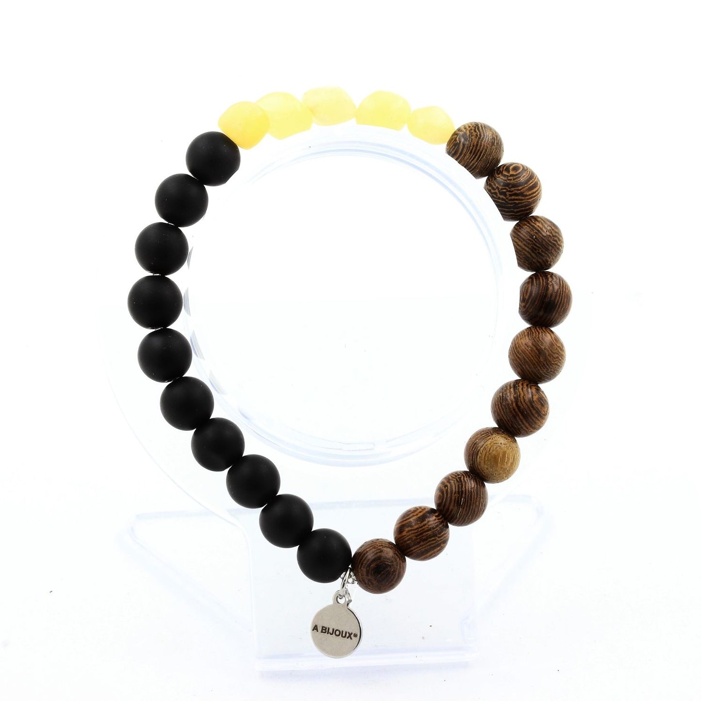 Calcite jaune du Royaume-Uni + Perles Onyx noir mat + bois. Bracelet en Perles naturelles