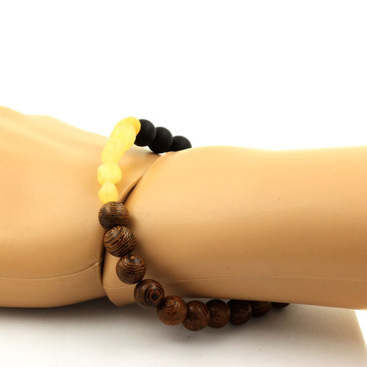 Calcite jaune du Royaume-Uni + Perles Onyx noir mat + bois. Bracelet en Perles naturelles