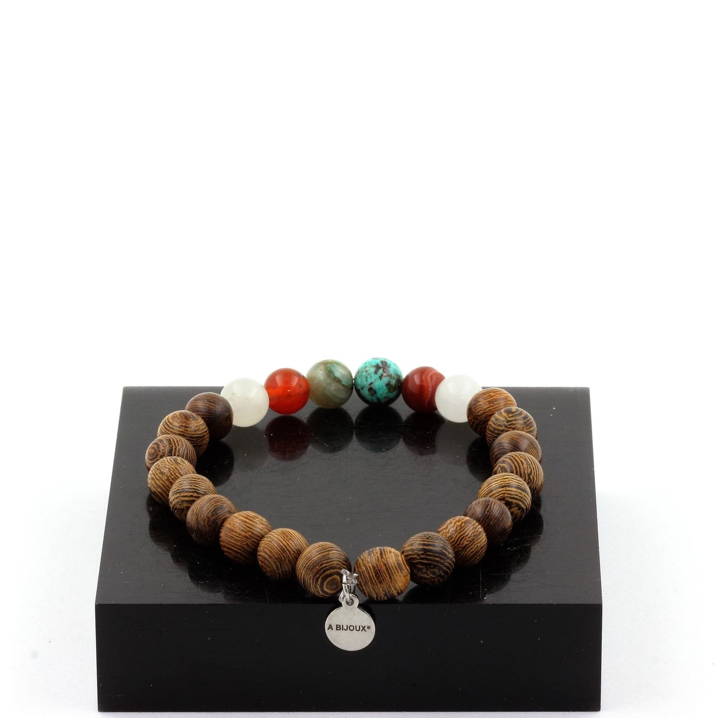 Chrysocolle de Namibie + Agate rubanée + Pierre de lune + bois. Bracelet Perles naturelles