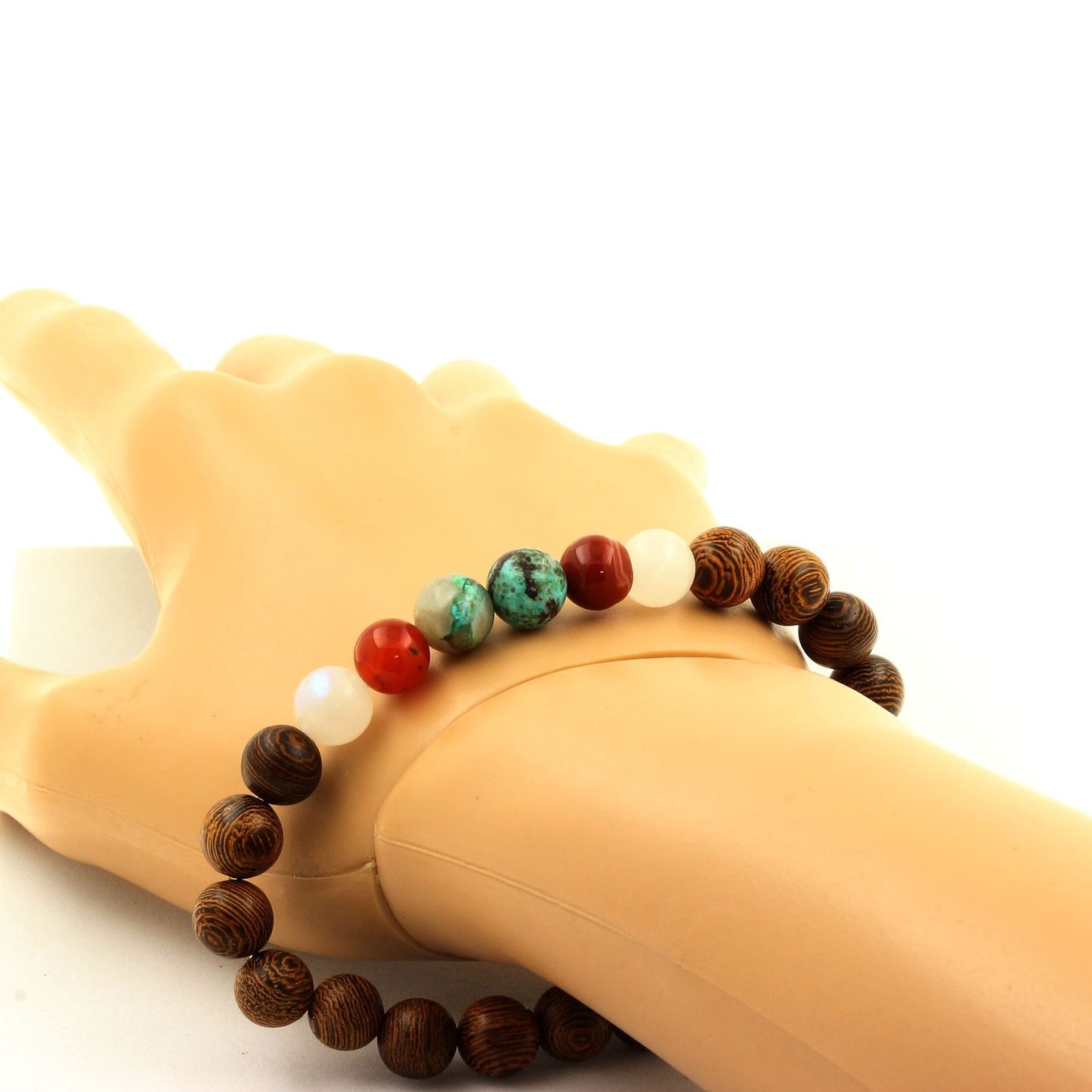 Chrysocolle de Namibie + Agate rubanée + Pierre de lune + bois. Bracelet Perles naturelles