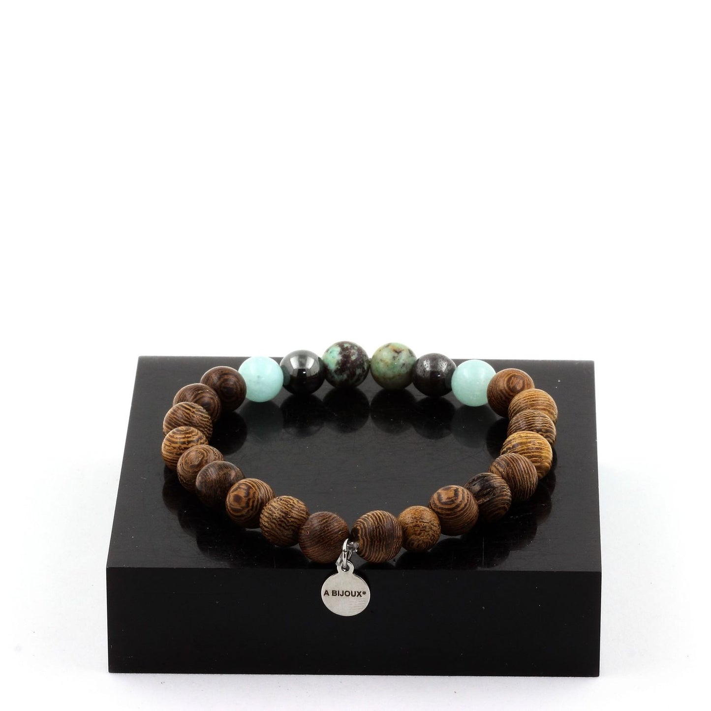 Chrysocolle de Namibie + Hématite + Angélite + bois. Bracelet Perles naturelles